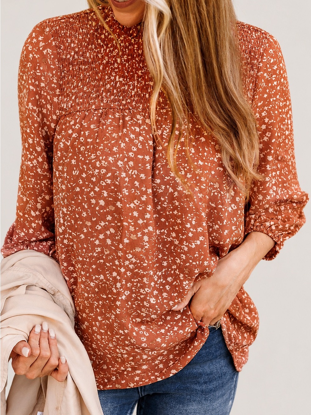 Ditsy Floral Smocked Mock Neck Blouse Rust Boho Long Sleeve Blouse